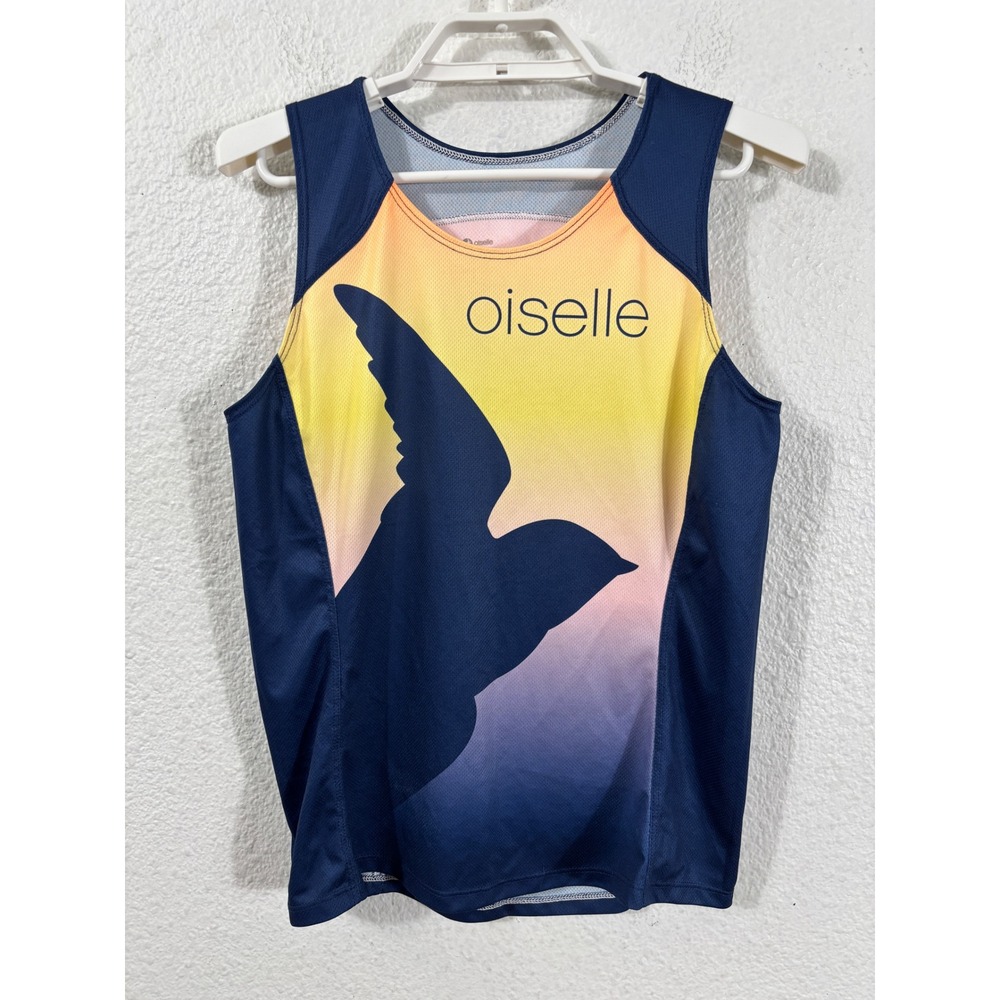 Oiselle Running Tank Top Womens MD Blue Orange Excellent Sunset Bird Singlet